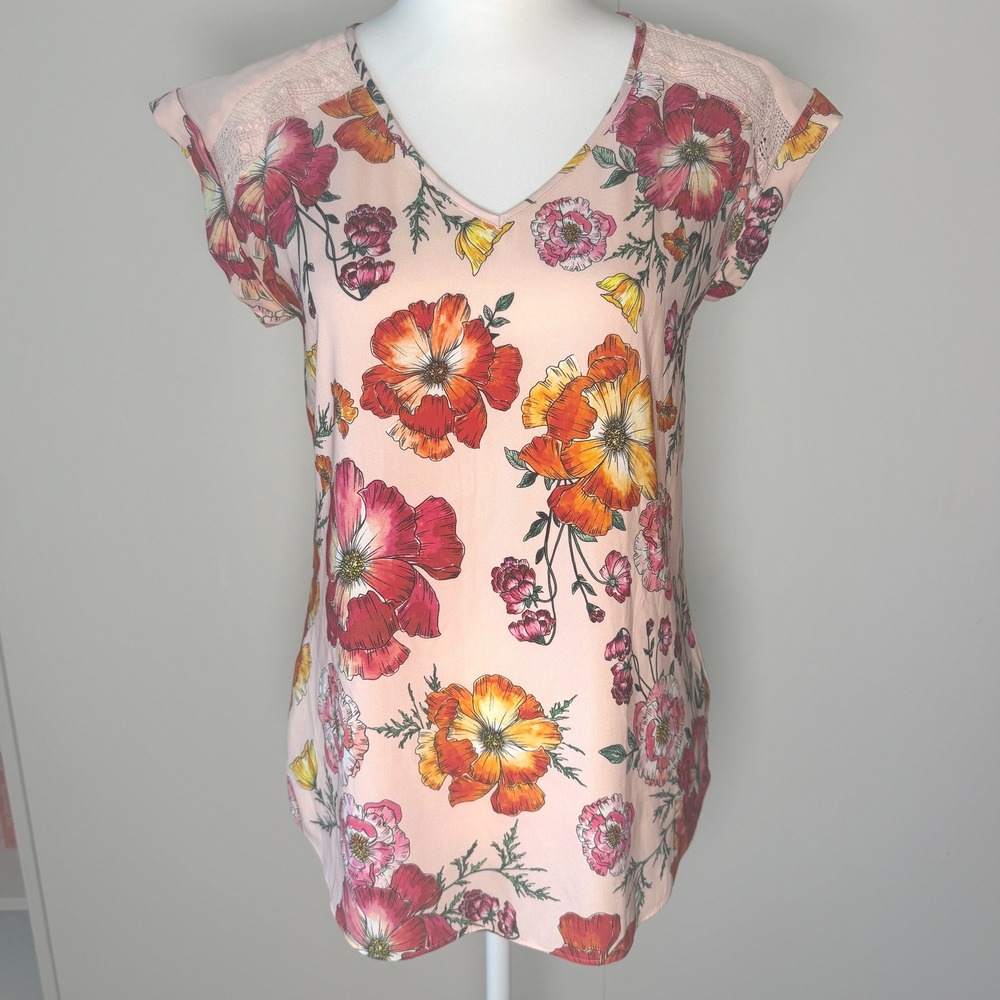 Express Womens XS Pink Floral Poppy V-Neck Blouse Top Boho Career Romantic